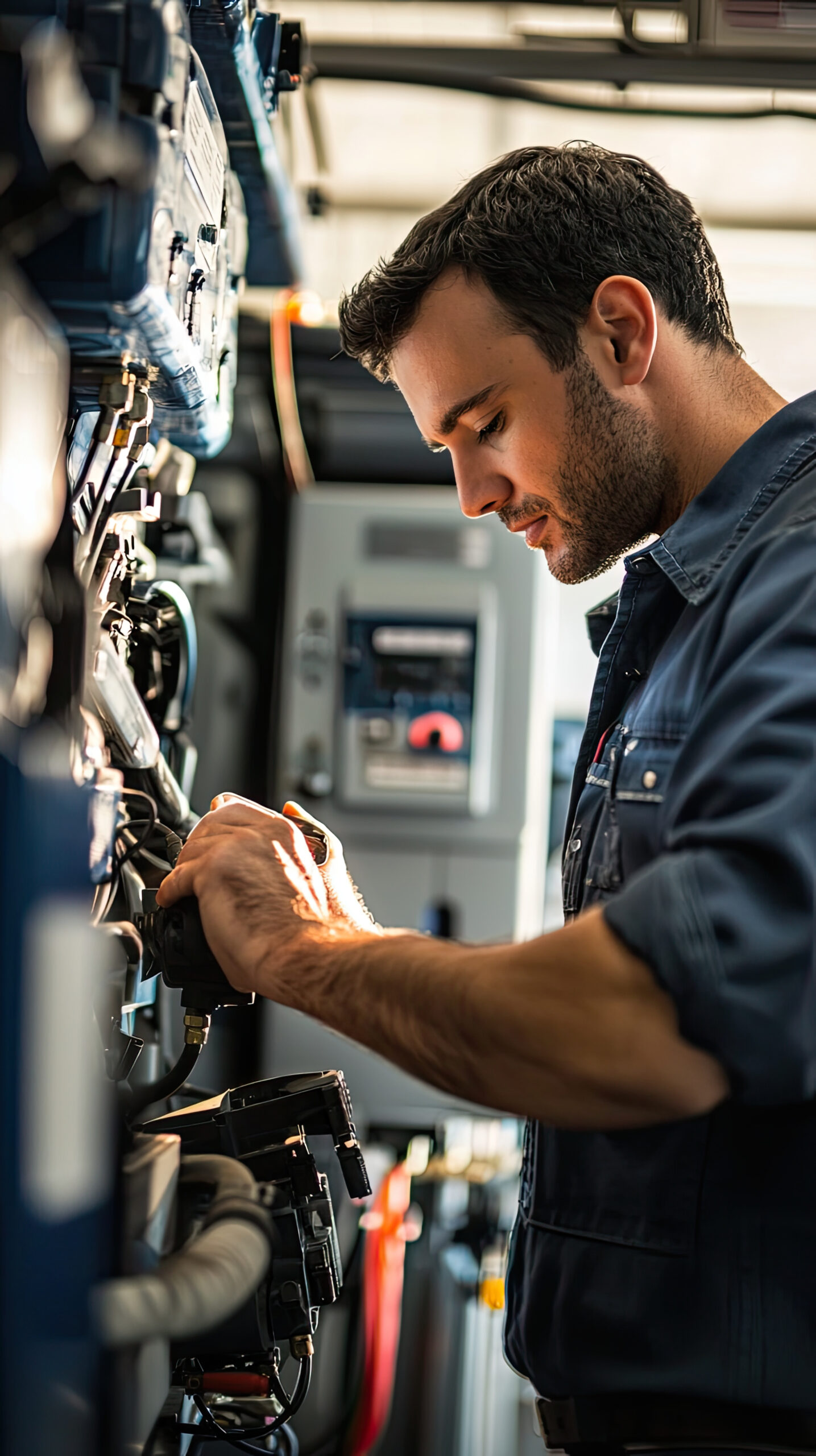 A technician performing routine maintenance on generator, focused and diligent in his work. environment is technical and professional, showcasing importance of regular upkeep.